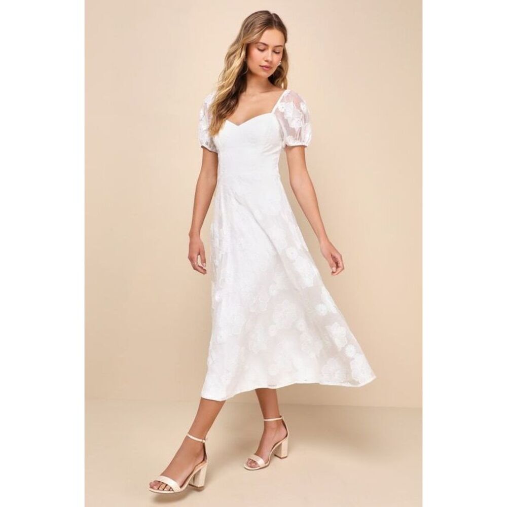 Sweetest Behavior White Embroidered Puff Sleeve Midi Dress